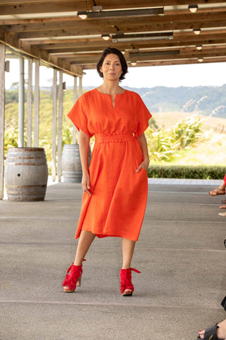 Linen dress in tangerine made in nz ethical fashion show