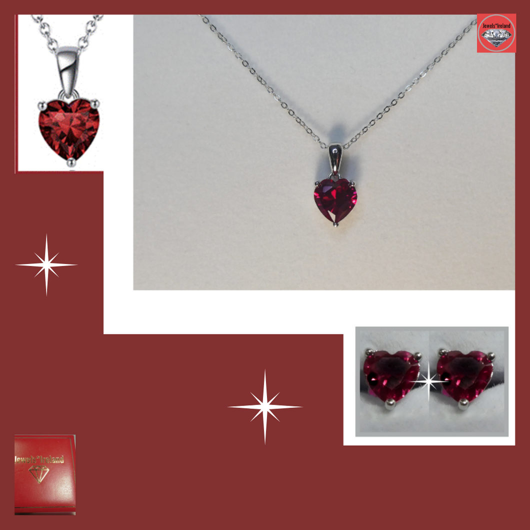 Set 925 Sterling silver heart red crystal necklace and earrings set