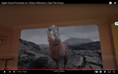 dinosaur steps out the screen inside of apple vision pro 