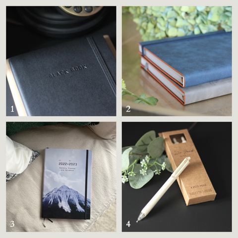 Gifts for business professionals, including black book, faux leather journals, monthly planner and eco pens