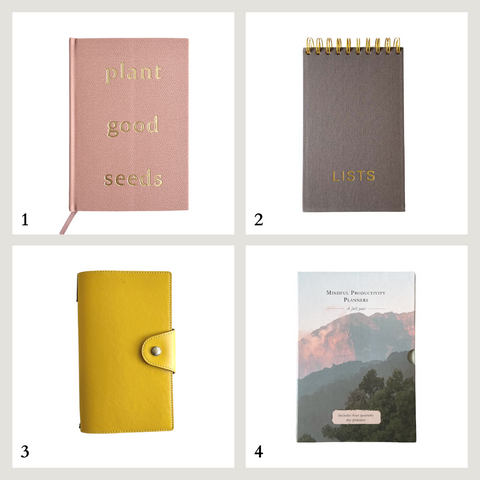 Gifts for busy moms, including pink vegan leather journal, LISTS notepad, travel folio and box set of Mindful Productivity Planners