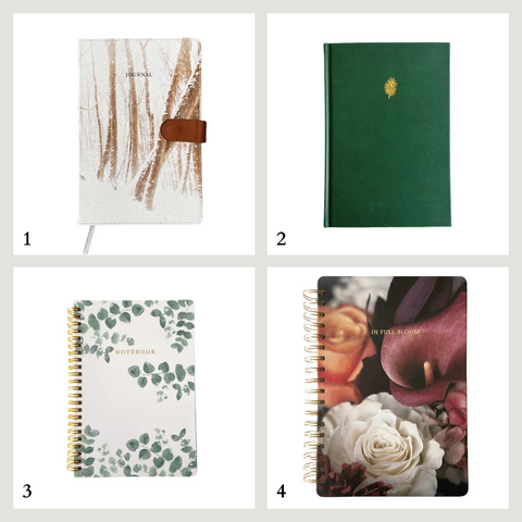 Gift guide for nature lovers; Woodlands journal, palm leaf dotted journal, eucalyptus notebook and floral cover dotted notebook