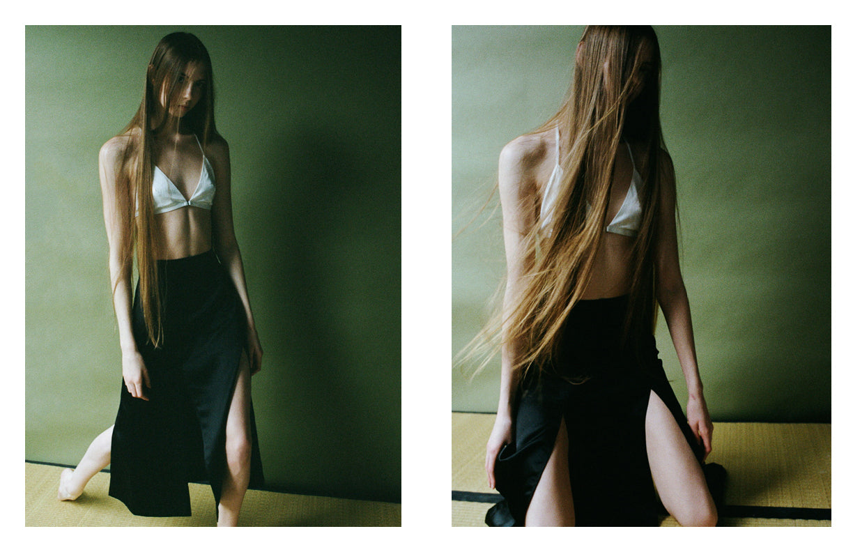 PRAE Muir triangle t-back white silk bralette with Wells black slit skirt, Emma by Ellen Fedors - London