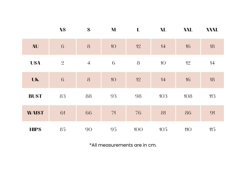 Standard Size Chart. You can order in Customised Sizes too