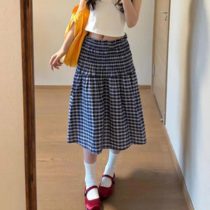 Blue Elastic High Waist Plaid Skirt - Casual A-Line - Free From Label