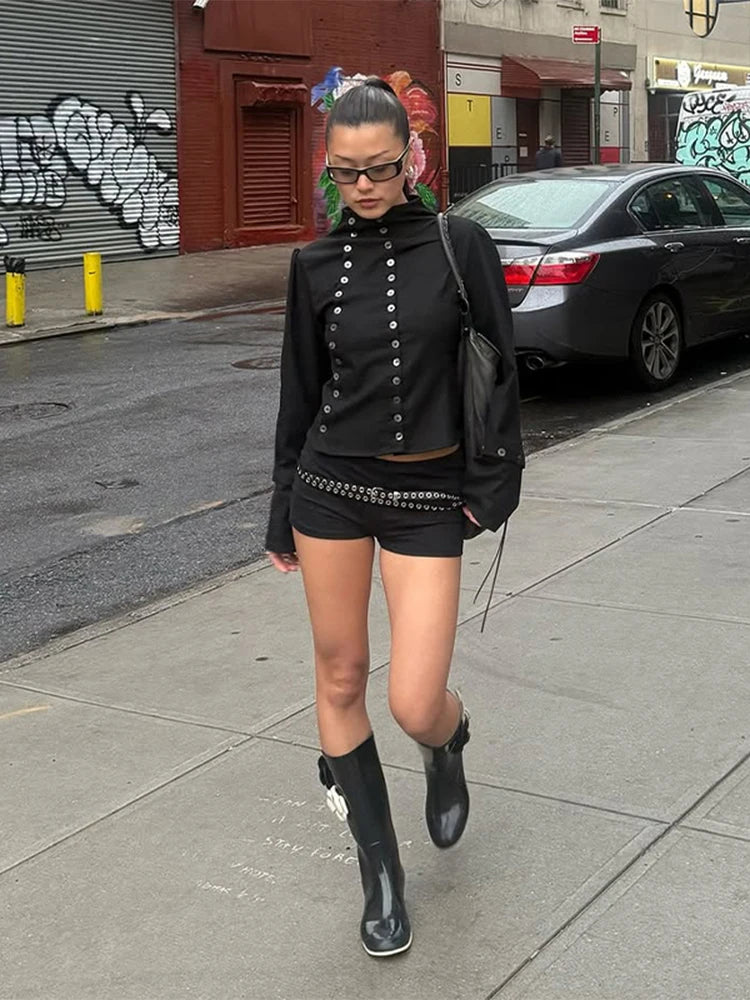 Black Stand Collar Button Up Desgin Jacket