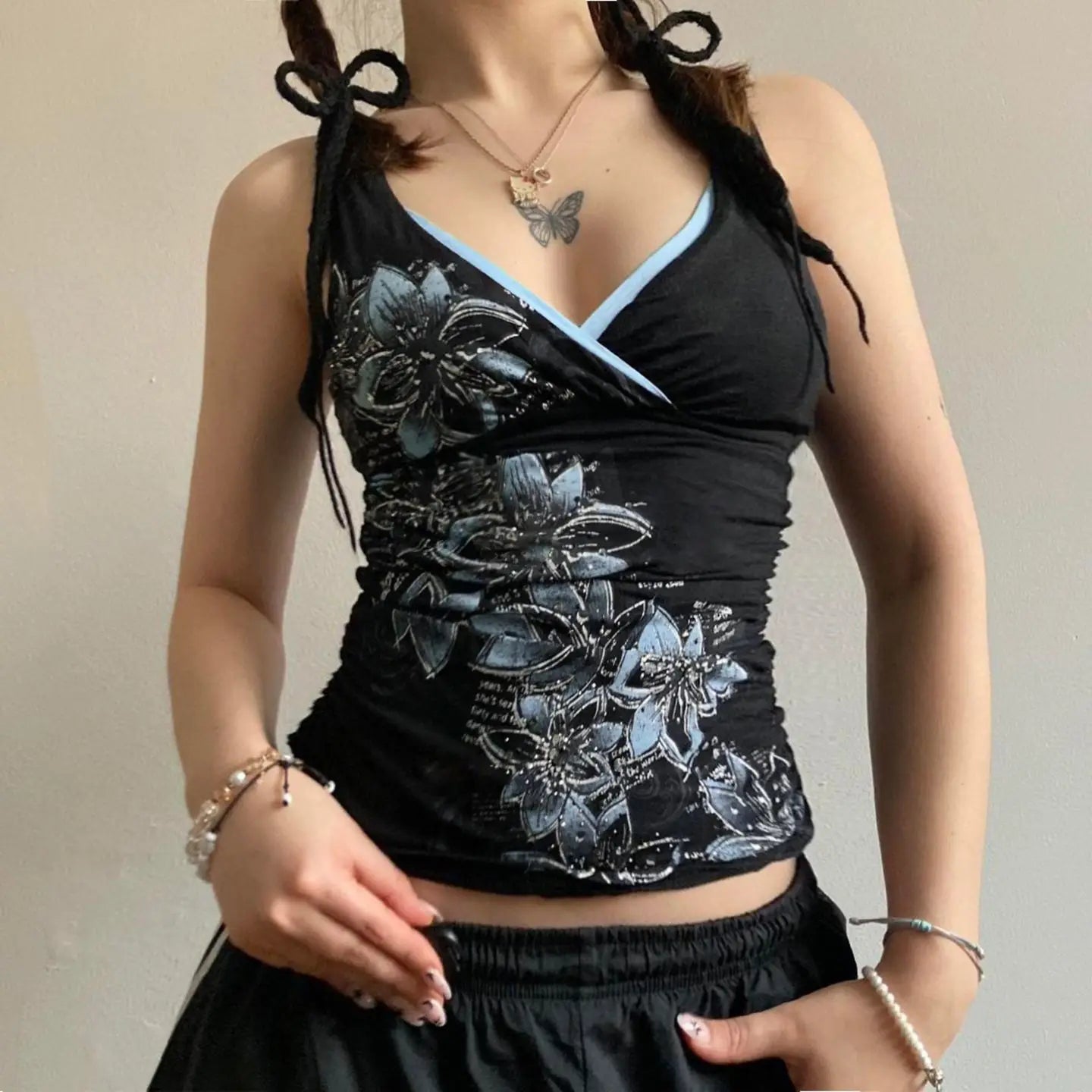 Black V-neck Printed Top