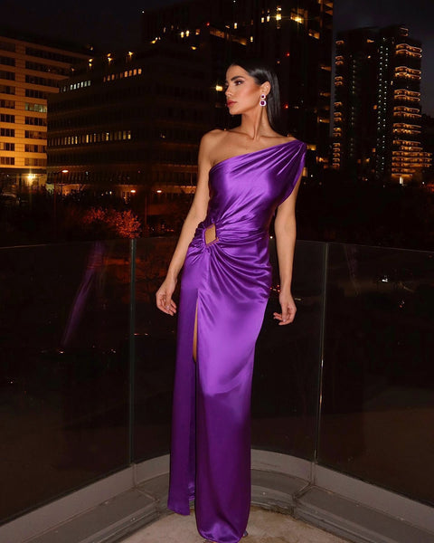 Purple One Shoulder Satin Hollow Cut Maxi Dress – Free From Label