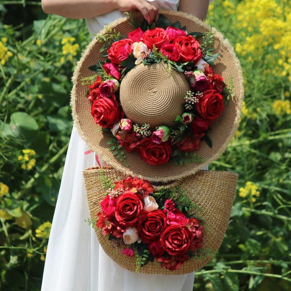 Flower Weave Rattan Straw Tote & Sun Beach Hat Set