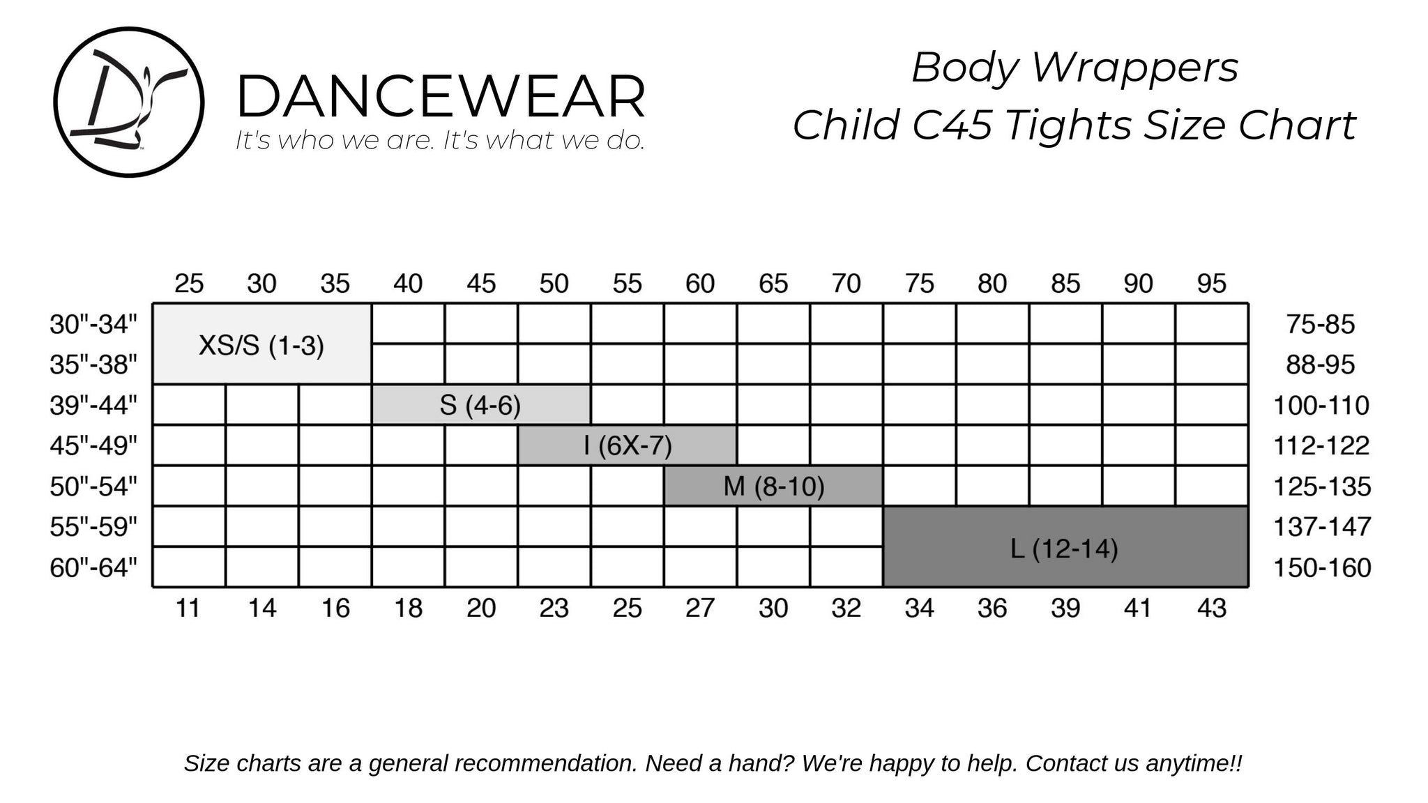 Body Wrappers Child C45 Tights Size Chart – Dancewear Online