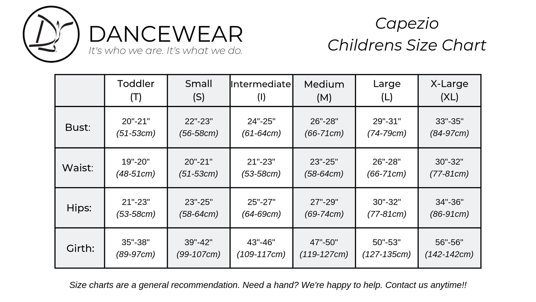 Capezio Childrens Size Chart – Dancewear Online