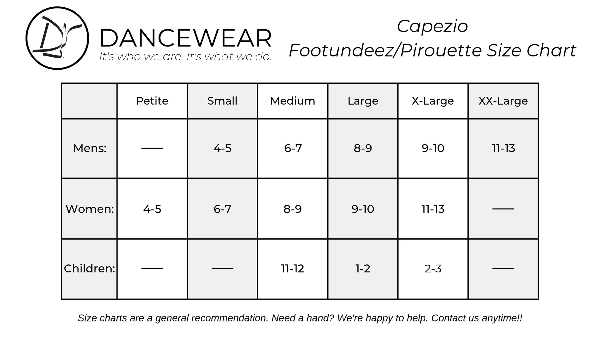 Capezio Footundeez Size Chart