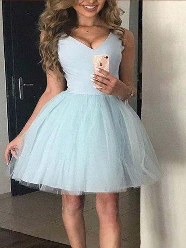 Simple Blue V-Neck Ball Gown Short A 