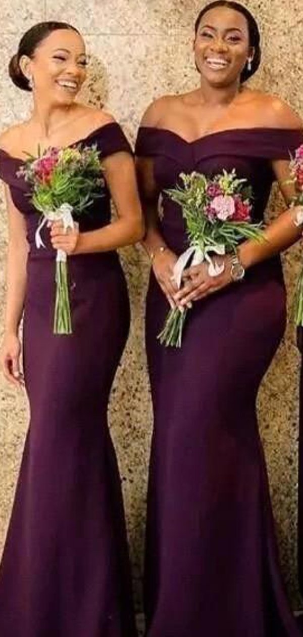 plum off the shoulder bridesmaid dress