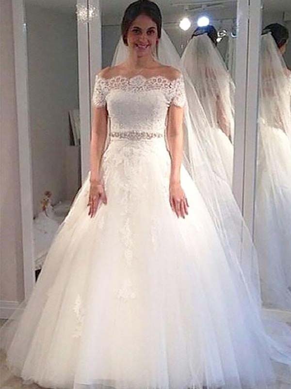 off shoulder short sleeve wedding dress