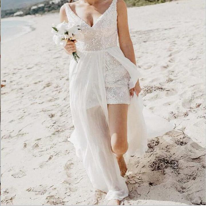 Charming V Neck Detachable Train Sequined Long Beach Wedding Dresses