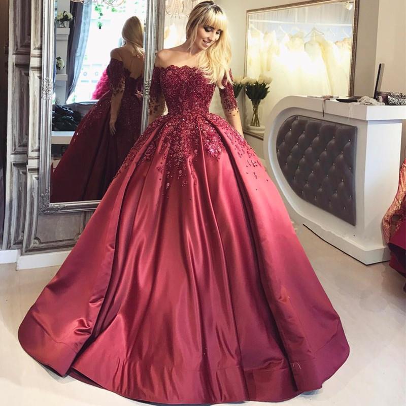 red off shoulder evening gown
