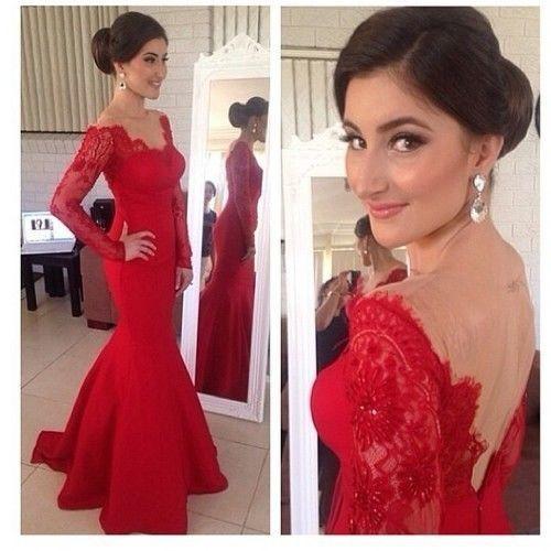 red off the shoulder long sleeve prom dress