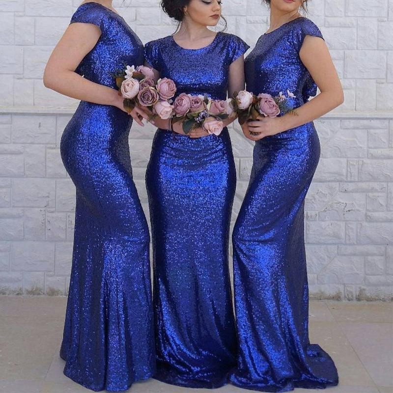 Short Sleeves Royal Blue Mermaid Cheap Long Bridesmaid Dresses