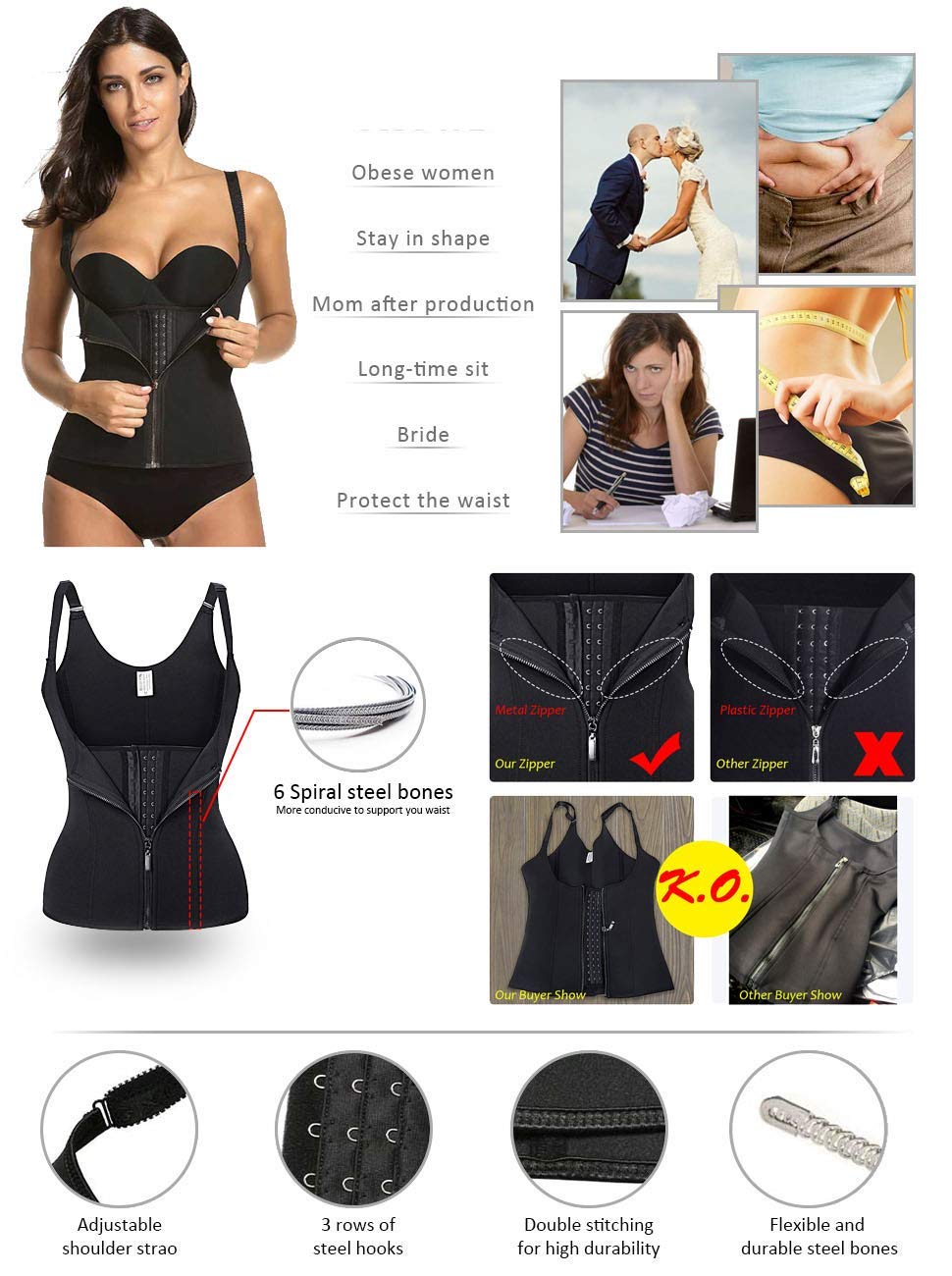 Adjustable Shoulder Strap Waist Trainer Vest Corset Women Metal Zipper Hook Body Shaper Waist Cincher Tummy Control