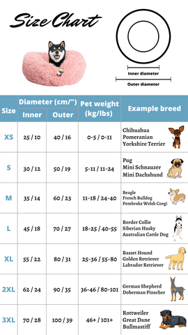 Calming Pet Bed Size Chart