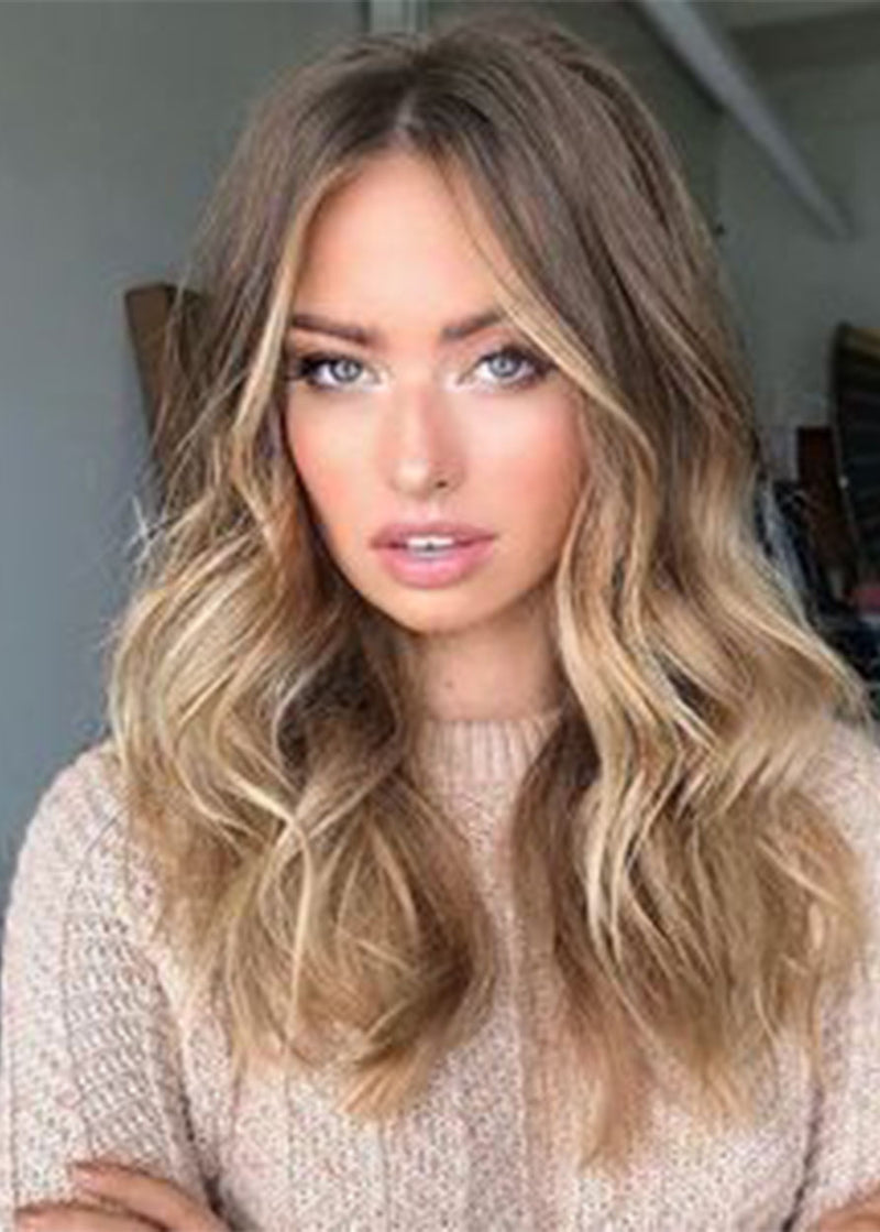 Women S Ombre Brown To Blonde Lace Front Wavy Synthetic Hair Wigs With Baby Hair 120 Density 24 Inches