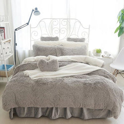 Fluffy Solid Gray And White Color Blocking 4 Bedding Sets Duvet