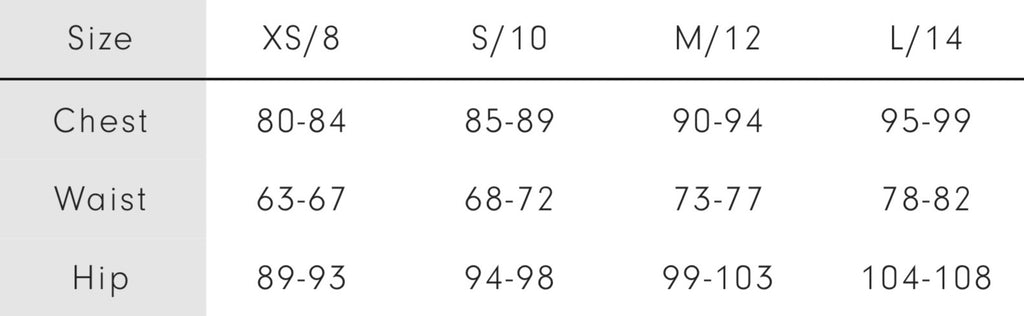 Size chart showing rib knit clothing measurements for chest, waist, and hip across sizes xs to l with numerical ranges in centimeters for Quinn Top – Light Marle by Kowtow.