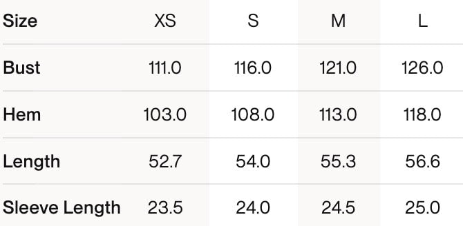 A table displaying size guide for Tarten Tee – Navy Tartan oversized knitwear in sizes xs, s, m, and l, including bust, hem, length, and sleeve length in centimeters. Brand: Kowtow