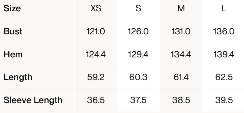 A size chart showing bust, hem, length, and sleeve length measurements for XS, S, M, and L sizes in centimeters—consider sizing down for an oversized fit if you typically wear a Kowtow Etude Top – Bouquet.