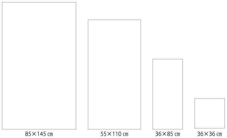 Four rectangles of varying sizes labeled with their dimensions in centimeters, arranged from largest to smallest on a blank background, each representing different types of Lana towels: bath, face, and hair. Brand Name: Kontex