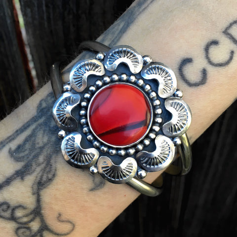 Hand-Stamped Rosarita Cuff- Sterling Silver and Red Rosarita Overlay Cuff