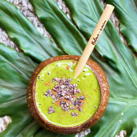 Green Protein Smoothie - Coconut Cup - Bamboo Straws - Vegan - Sustainable 