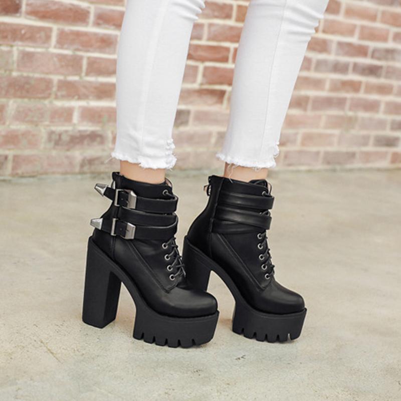 Buckle Lace Up Chunky High Heel Boots – Modakawa