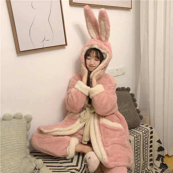 Cute Bunny Ears Open Front Plush Hooded Pajama Set