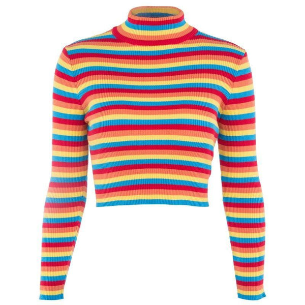 Colorful Rainbow Stripe Short Crop Top Turtleneck Sweater Knitted