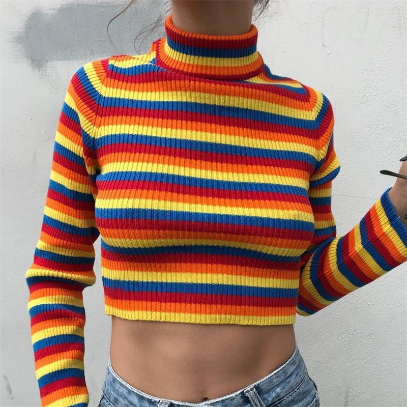 Onwijs Colorful Rainbow Stripe Short Crop Top Turtleneck Sweater Knitted CK-79