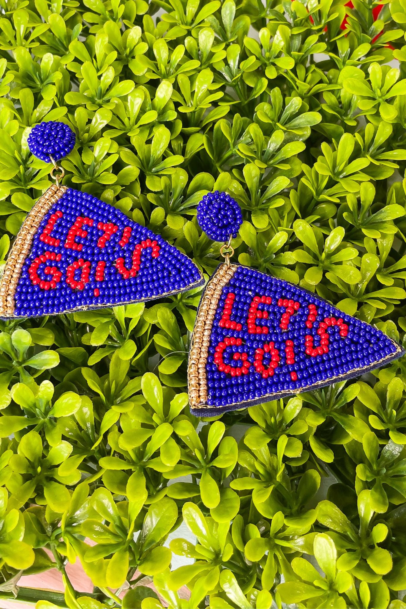 Blue Red Let's Go Flag Beaded Earrings, blue flag earrings, game day beaded earrings, game day apparel, red and blue beaded earrings, shop style your senses by mallory fitzsimmons 