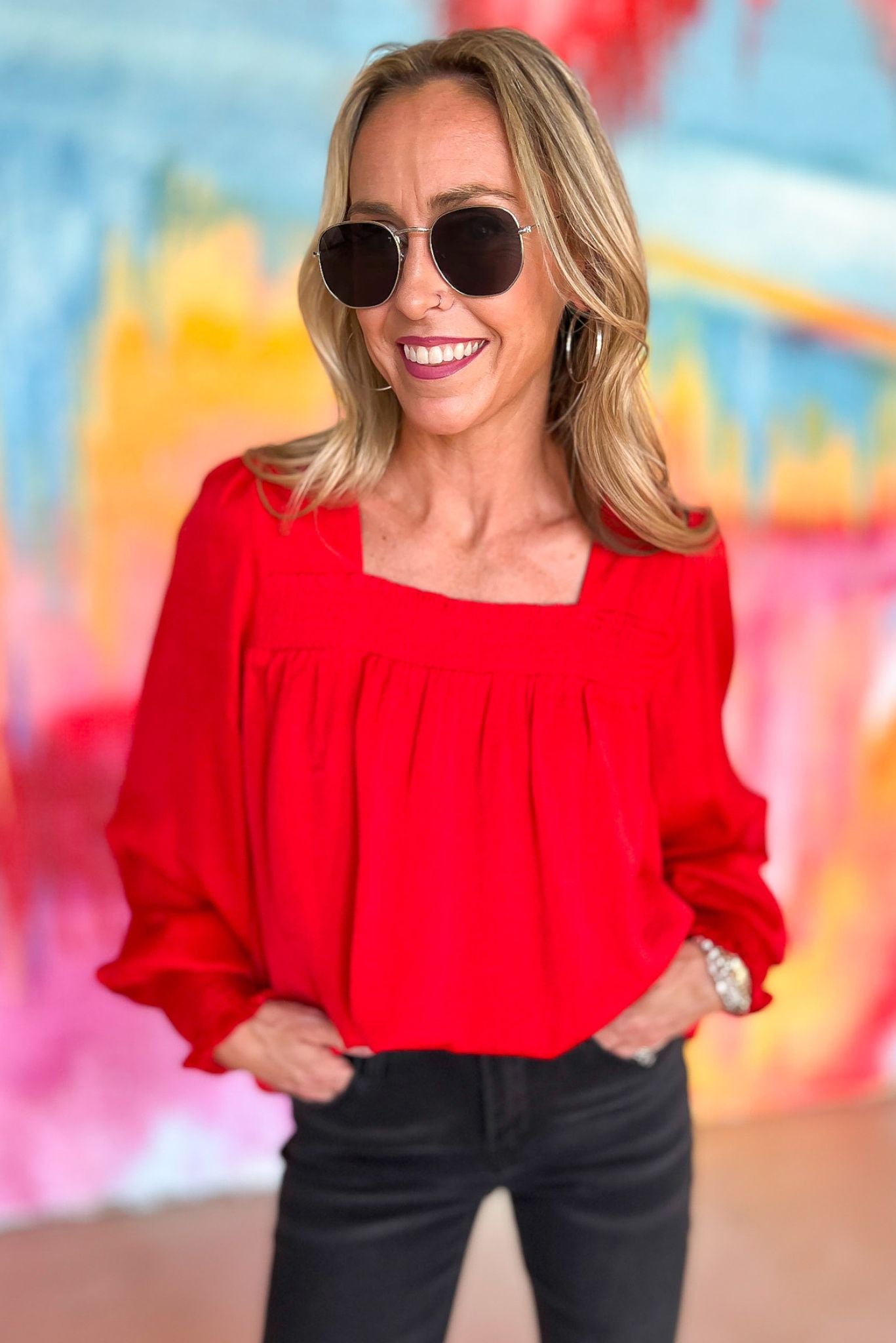 Red Smocked Square Neck Bubble Long Sleeve Top – Shop Style Your Senses