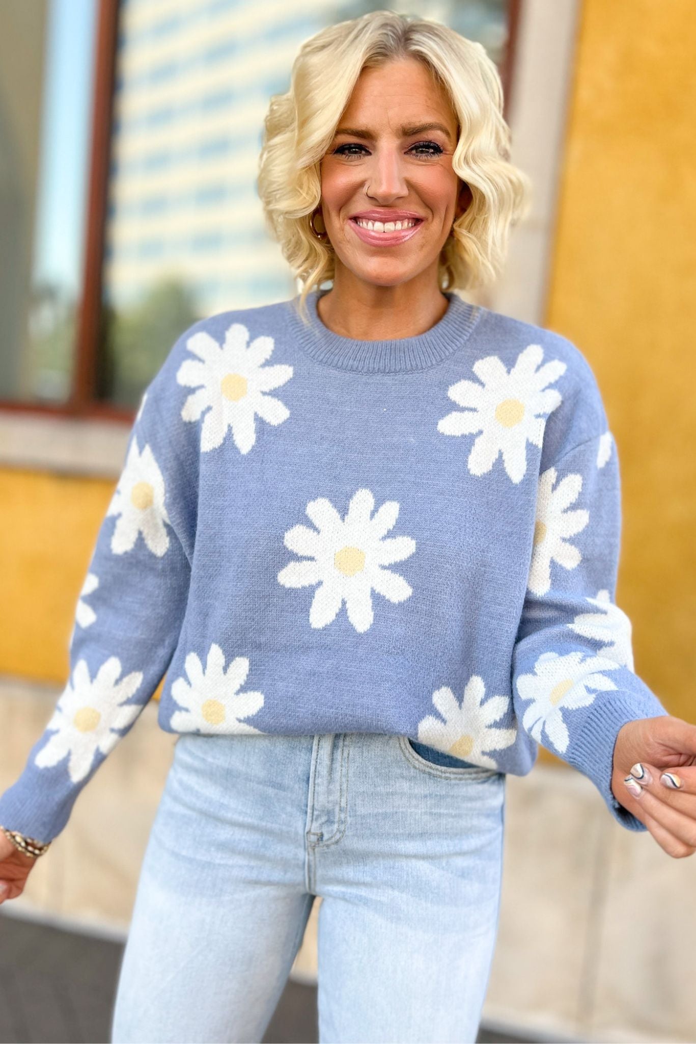 blue daisy sweater