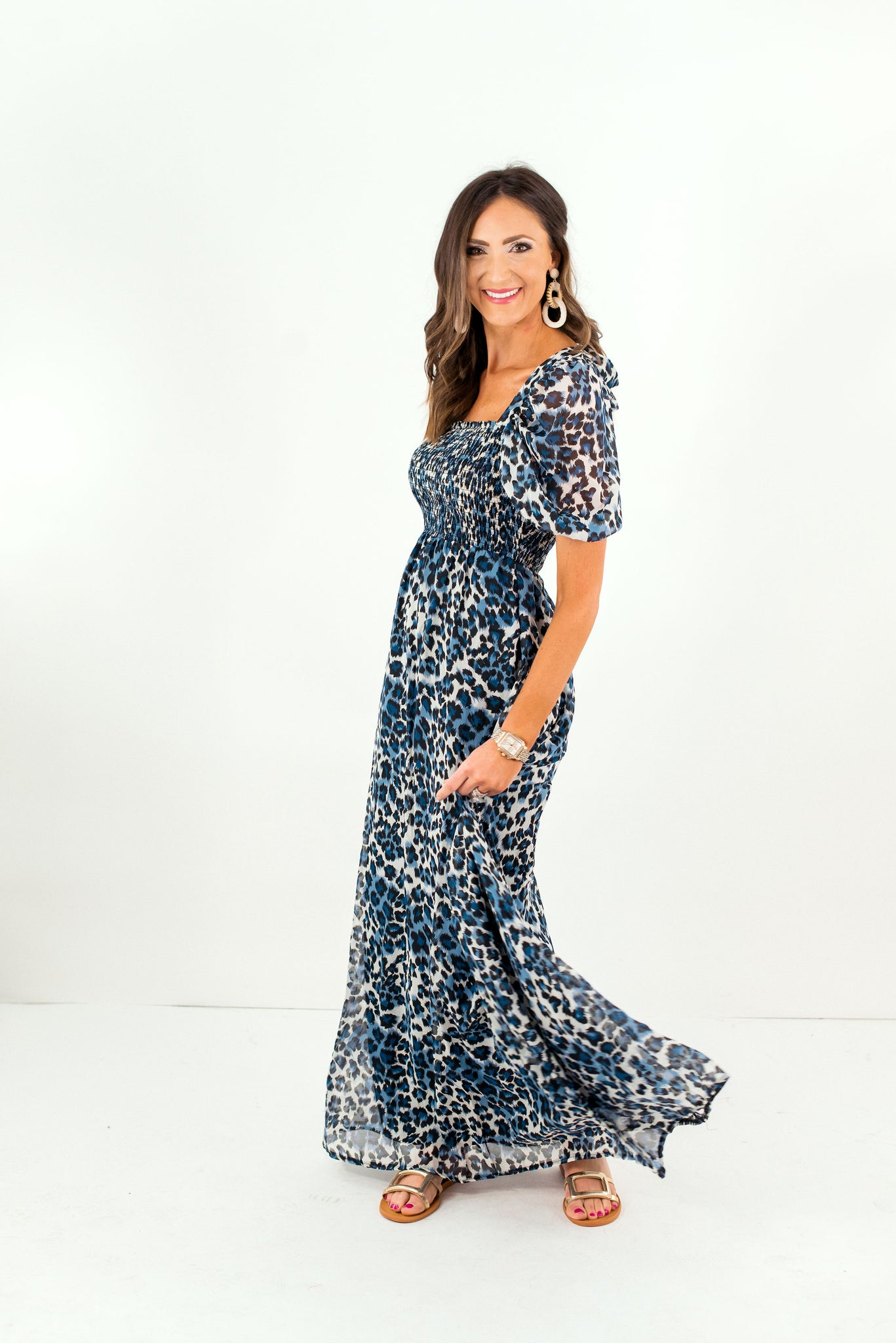 blue animal print maxi dress