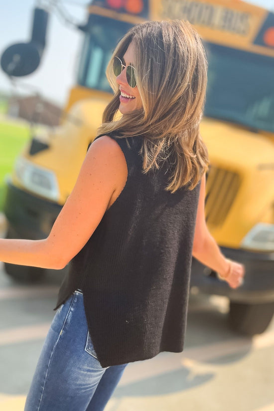 black knit sleeveless turtleneck sweater, carpool chic collection, dark wash skinny jeans, transitional trends, affordable style, shop style your senses by mallory fitzsimmons