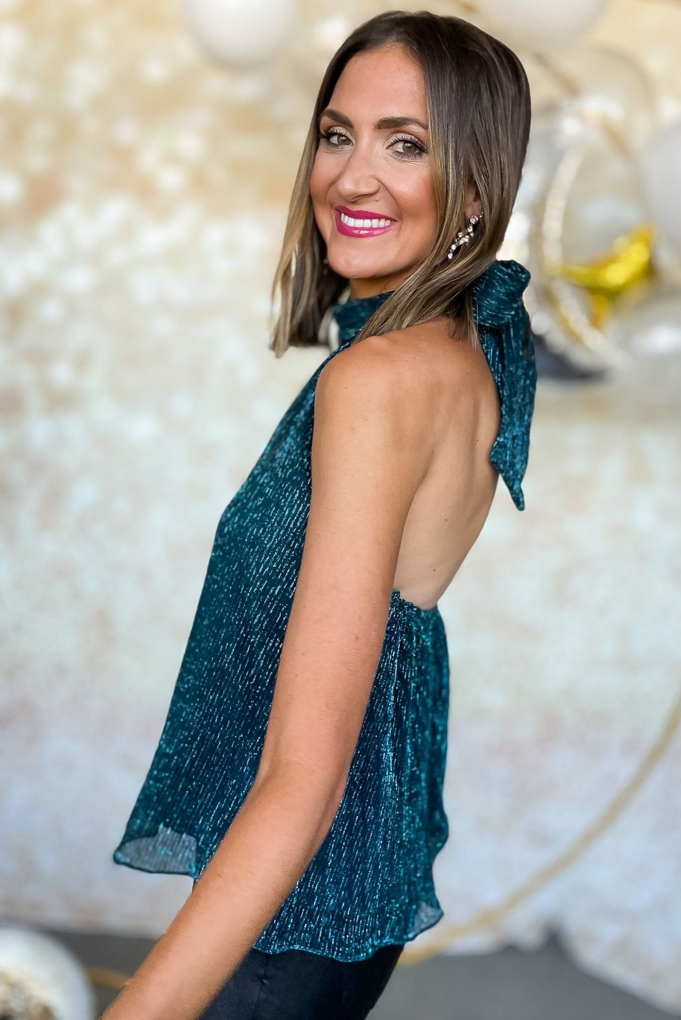 aqua halter neck top, New Years eve collection, festive outfits, shop style your senses by mallory fitzsimmons