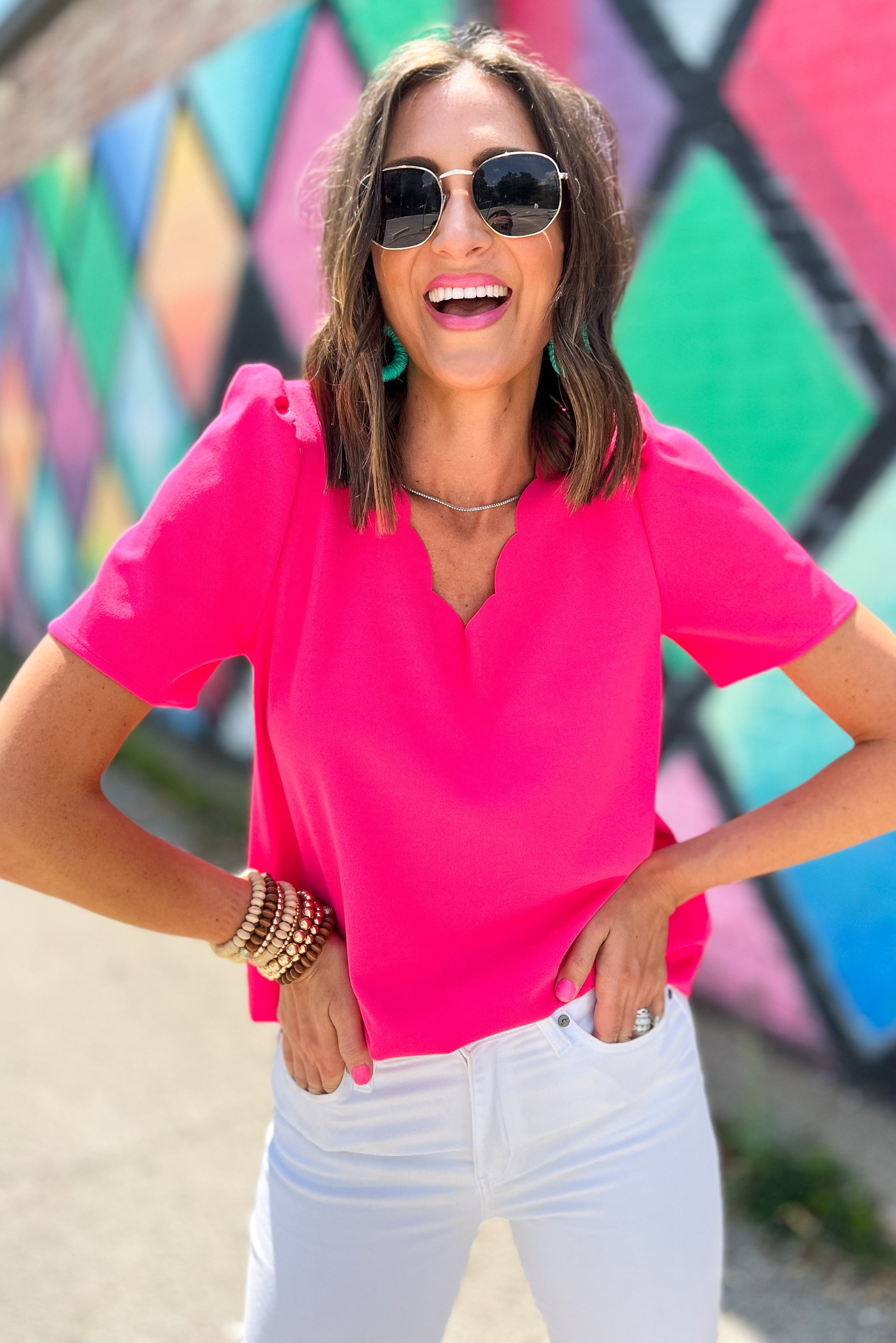 Hot Pink Scalloped V Neck Puff Sleeve Top*FINAL SALE* – Shop Style Your  Senses