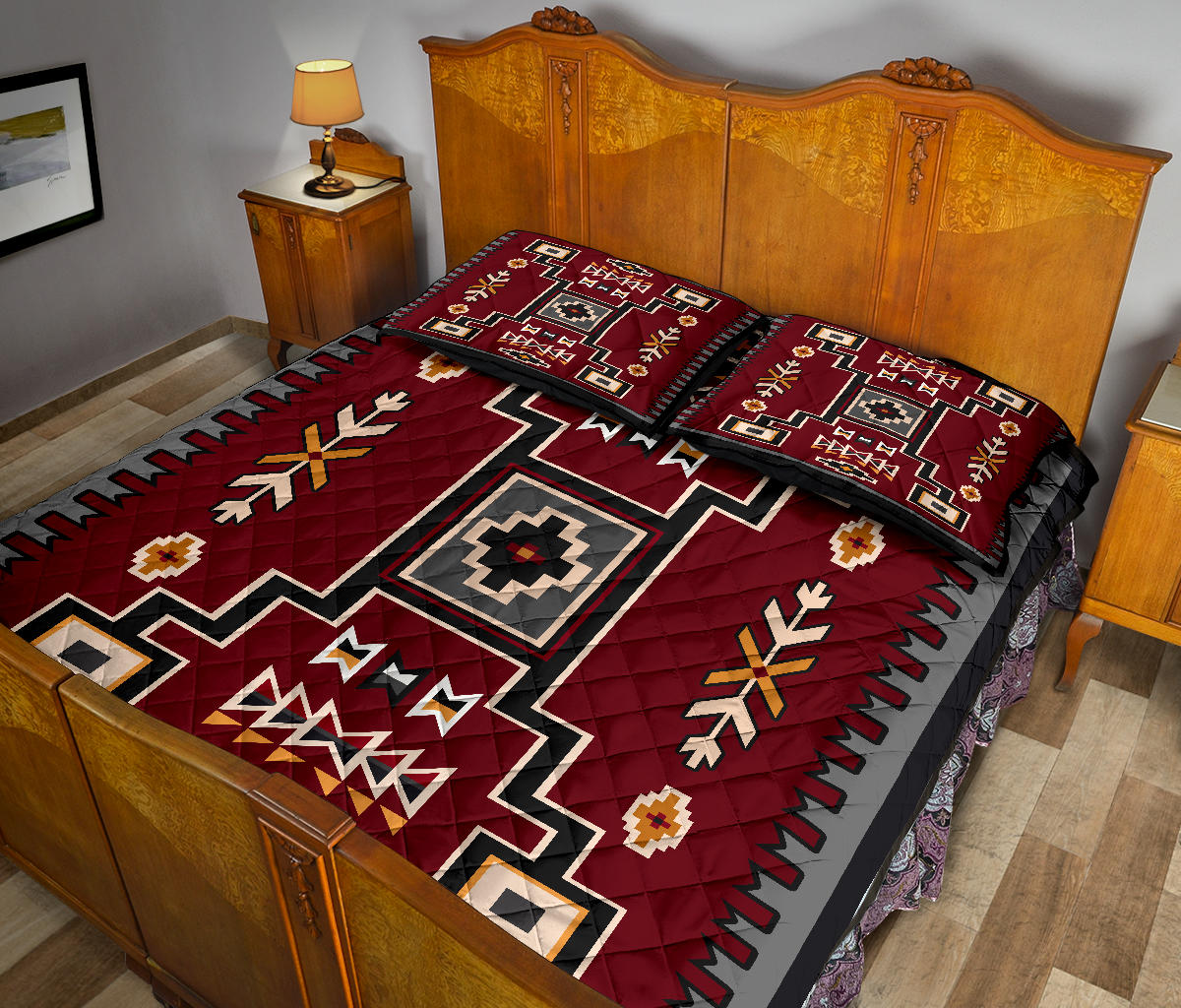 United Tribes Red Pattern Native American Quilt Bed Set