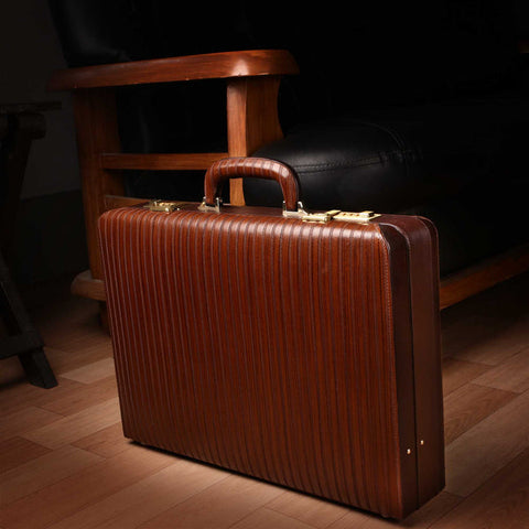 ITALIAN VT STRIPE BROWN RUVIDO DOUBLE LOCK LEATHER ATTACHE BRIEFCASE