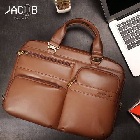 JACOB V 2.0 | LEATHER BRIEFCASE FOR MEN | FOR OFFICE | COLOUR: TAN | DETACHABLE SHOULDER STRAP | TROLLEY STRAP INCLUDED