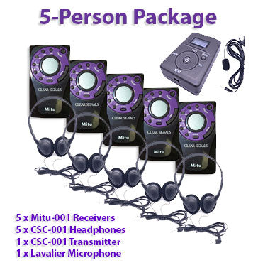 5-Person Packages include a wireless transmitter, 5 wireless receivers, 5 headsets, and 1 microphone.
