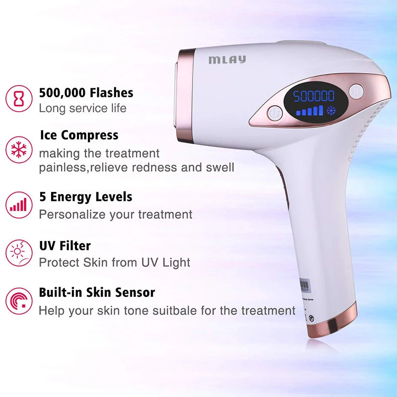 MLAY T4 IPL Laser Hair Removal Device, 500,000 Flashes, ICE Cooling, Painless Permanent Hair Removal for Face & Body