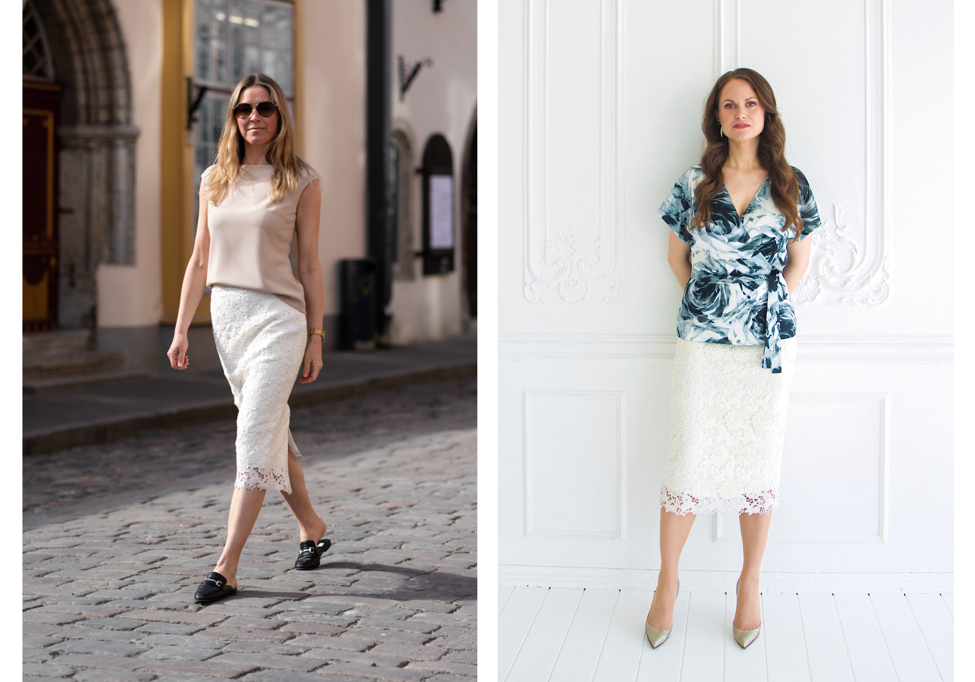 women wearing a white lace pencil skirt with a silk and wool top